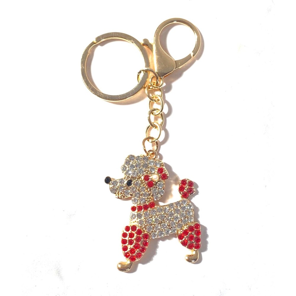 Poodle Rhinestone Charm Keychain Key Holder Multicolor Gold Tone Metal New